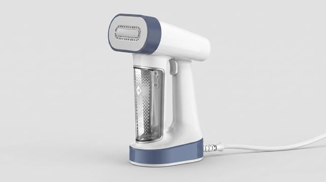 מגהץ אנכי AeroSteam Tefal DT8722E0, גוף לבן וכחול, מיכל מים שקוף, ראש גיהוץ עגול