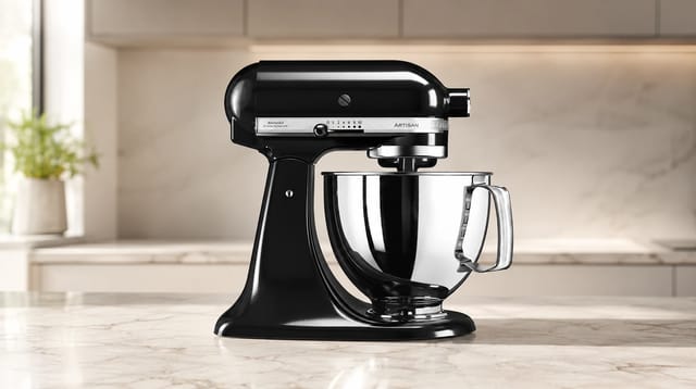 מיקסר KitchenAid Artisan 5KSM125 בצבע שחור קרמי עם קערת נירוסטה מבריקה על רקע לבן