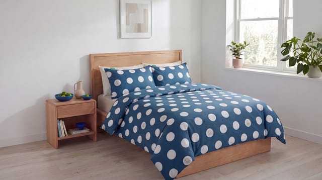 סט מצעים Benetton Pop-Art Dots כחול עם נקודות לבנות וסמל לוגו, על מיטה זוגית מעץ