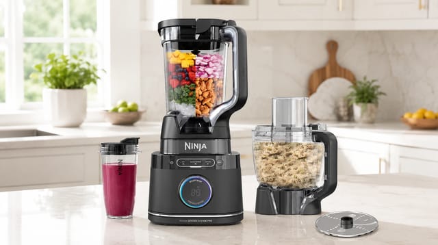 מערכת עיבוד מזון Ninja DETECT שחורה עם קנקן בלנדר, מעבד מזון וכוס שייק סגולה