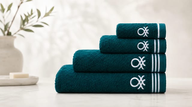 סדרת Classic Benetton, מגבות ירוקות מקופלות עם פסים שחורים ולוגו רקום בשחור