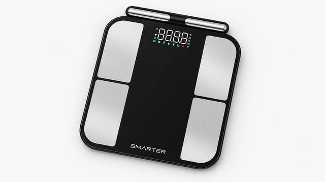 משקל גוף חכם UNIQUE BODY SCALE BMI בצבע שחור עם פאנלים כסופים וצג LED דיגיטלי