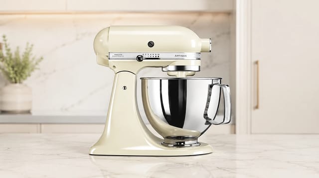 מיקסר KitchenAid Artisan 5KSM125 בצבע שקד קרמי עם קערת נירוסטה מבריקה על רקע לבן