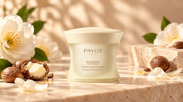 קרם הזנה Source Nutrition של המותג PAYOT, באריזה בגוון קרם, על רקע טבעי בגוונים חמים עם פרחים לבנים, עלים ואגוזים.