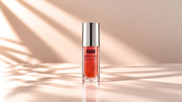 שמן לשפתיים Sassy Lips – Extra Boost Lip Oil של המותג עדה לזורגן, בגוון קורל עם מכסה כסוף, על רקע קרם־בז׳ בהיר עם תאורה טבעית וצללים עדינים.