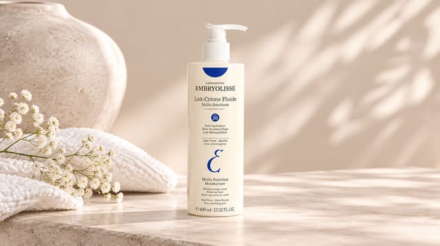 קרם לחות רב־שימושי Lait-Crème Fluide של המותג Embryolisse, על רקע בז' עדין עם פרחים לבנים ומגבת.
