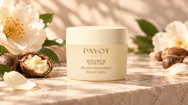 באלם משקם Source Nutrition של המותג PAYOT, באריזה בגוון קרם־בז׳, על רקע טבעי בגוונים חמים עם פרחים לבנים ואגוזים.