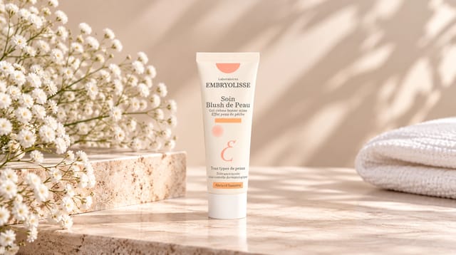 קרם־ג'ל Soin Blush de Peau של המותג Embryolisse, על רקע בז' עדין עם פרחים לבנים ומגבת רכה.