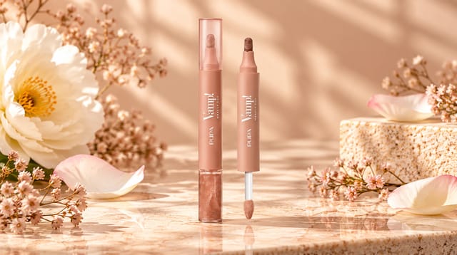 איפור דו־צדדי Vamp! Makeup Duo של המותג PUPA, בגוון ניוד־ורדרד עם אפליקטורים וגוון מנצנץ, על רקע חם עם פרחים ועלי כותרת.