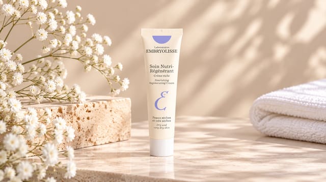 קרם הזנה עשיר Soin Nutri-Régénérant של המותג Embryolisse, על רקע בז' עדין עם פרחים לבנים ומגבת רכה.