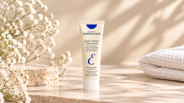 קרם לחות רב־שימושי Lait-Crème Concentré של המותג Embryolisse, על רקע בז' עדין עם פרחים לבנים ומגבת רכה.