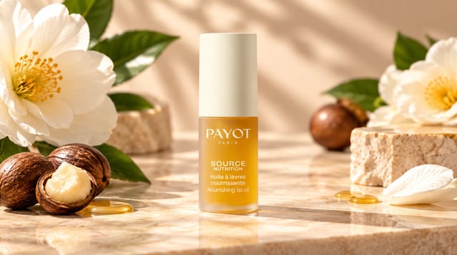 שמן הזנה לשפתיים Source Nutrition של המותג PAYOT, בבקבוק בגוון זהוב עם מכסה קרם, על רקע טבעי בגוונים חמים עם פרחים לבנים, עלים ואגוזים.