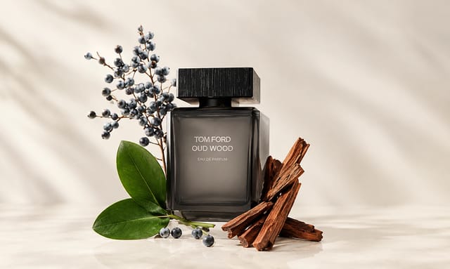 בקבוק בושם TOM FORD Oud Wood מוקף בפירות יער כהים, עלים ירוקים ושבבי עץ על רקע בגווני שמנת רכים.