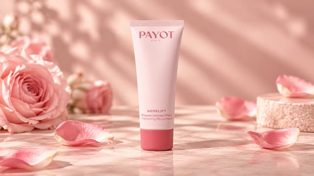 מסכת פנים Roselift של המותג PAYOT, באריזה ורודה עם מכסה בגוון ורוד כהה, על רקע ורוד עדין עם ורדים ועלי כותרת.