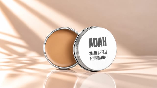 מייקאפ קרם מוצק Solid Cream Foundation של המותג עדה לזורגן, באריזה כסופה פתוחה בגוון חום־בז', על רקע קרם־בז' בהיר עם תאורה טבעית וצללים עדינים.