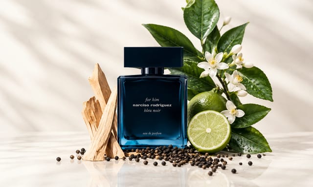 בקבוק בושם Narciso Rodriguez Bleu Noir מוקף בליים, עלים ירוקים, פרחים לבנים, גרגרי פלפל ואלמנטים מעץ על רקע בהיר.