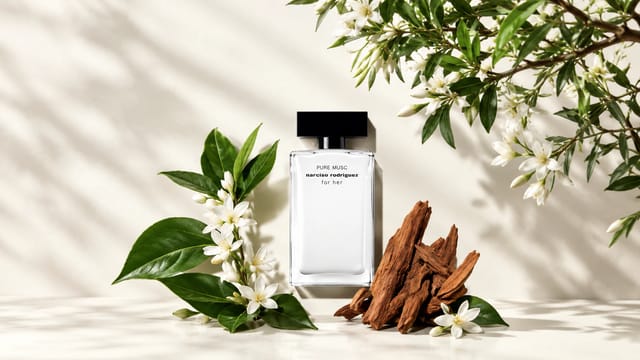 בקבוק בושם Narciso Rodriguez Pure Musc מוקף בפרחים לבנים, עלים ירוקים ואלמנטים מעץ על רקע בהיר ואלגנטי.