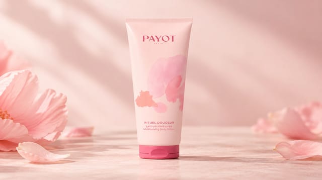 קרם גוף לחותי Rituel Douceur של המותג PAYOT, באריזה ורודה על רקע ורוד עדין עם פרחים.