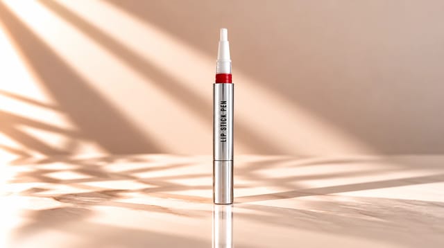 עט שפתיים Lip Stick Pen של המותג עדה לזורגן, באריזה כסופה עם חומר בגוון אדום ואפליקטור לבן, על רקע קרם־בז׳ בהיר עם תאורה טבעית וצללים עדינים.