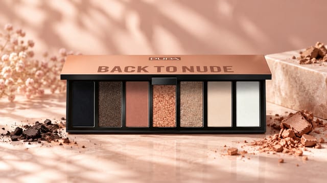פלטת צלליות Back to Nude של המותג PUPA, הכוללת מגוון גוונים טבעיים בגימורים מאט ומנצנץ, על רקע בגווני ניוד וברונזה.