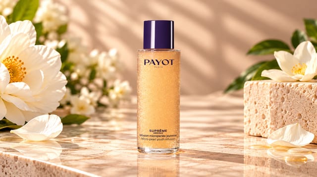 תמצית טיפוח Suprême Absolu של המותג PAYOT, בבקבוק שקוף עם נוזל זהוב מנצנץ ומכסה סגול, על רקע חם עם פרחים לבנים ועלים ירוקים.
