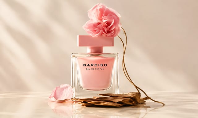 בקבוק בושם NARCISO בגוון ורוד, מעוטר בפרח ורוד ועלי כותרת, לצד אלמנטים טבעיים בגווני עץ על רקע בהיר ורך.