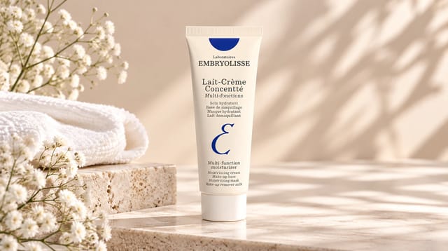 קרם לחות רב־שימושי Lait-Crème Concentré של המותג Embryolisse, על רקע בז' עדין עם פרחים לבנים ומגבת רכה.