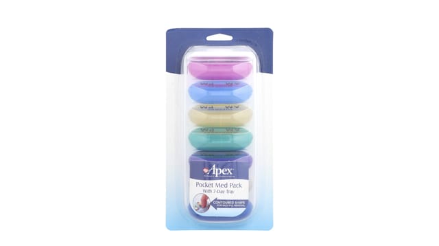 iHerb - ארגונית כדורים שבועית צבעונית של Apex עם 5 תאים בצבעי ורוד, כחול, צהוב וטורקיז באריזה שקופה
