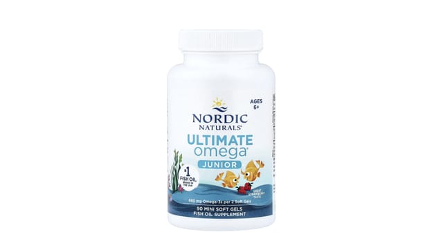 Nordic Naturals - בקבוק לבן של Ultimate Omega Junior, תוסף אומגה 3 לילדים מגיל 6, עם איורי דגים צבעוניים