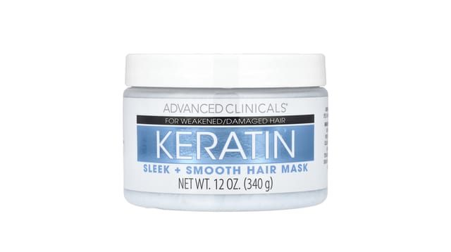 iHerb - מסכת שיער Sleek + Smooth קרטין של Advanced Clinicals, צנצנת לבנה עם תווית כחולה, 340 גרם