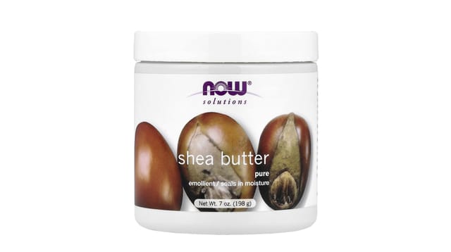 iHerb - צנצנת לבנה של חמאת שיאה טהורה מבית Now Foods עם תמונת פירות שיאה חומים על התווית