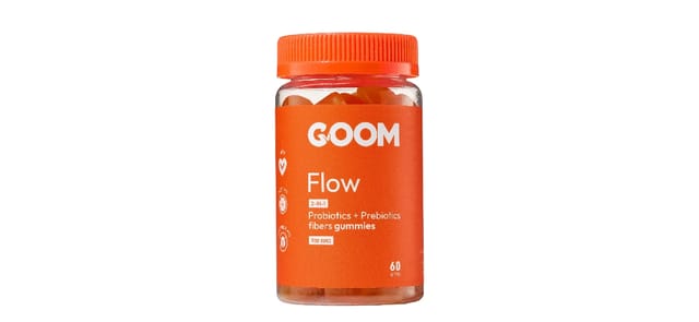 GOOM Flow - בקבוק תוספי תזונה כתום עם גומי פרוביוטיקה ופרה-ביוטיקה, מכסה כתום, 60 יחידות