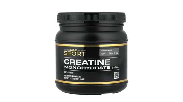 iHerb - קופסת קריאטין מונוהידראט של California Gold Nutrition, גוון שחור עם פס זהב, 454 גרם