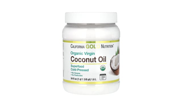 iHerb - צנצנת פלסטיק שקופה של שמן קוקוס אורגני בכבישה קרה של California Gold Nutrition, רקע לבן