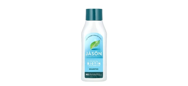 iHerb - בקבוק שמפו לבן עם מכסה טורקיז של Jason Natural, עם ביוטין וחומצה היאלורונית לעיבוי שיער