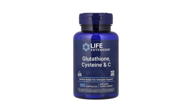 iHerb - בקבוק כמוסות כחול כהה של Life Extension גלוטתיון, ציסטאין וויטמין C, 100 כמוסות, רקע לבן