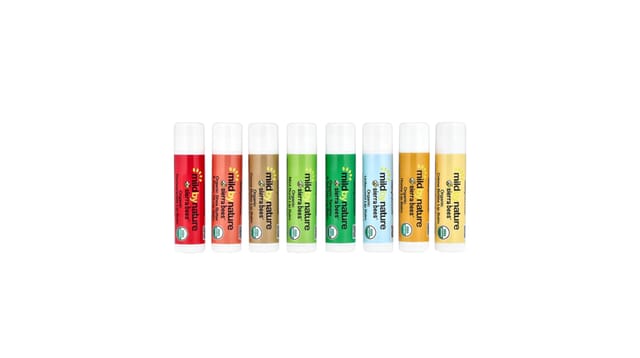 iHerb - שמונה שפתונים אורגניים Sierra Bees של Mild By Nature בצבעים שונים: אדום, כתום, חום, ירוק, כחול וצהוב