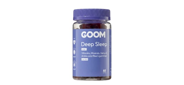 GOOM - בקבוק שקוף עם מכסה סגול המכיל סוכריות גומי Deep Sleep, תווית כחול-סגולה, 60 יחידות