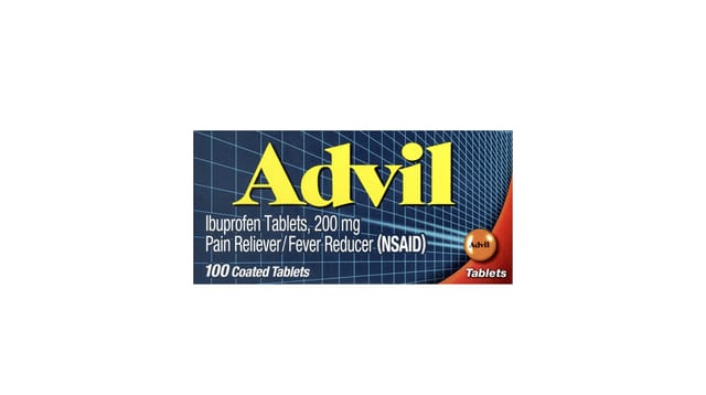 Advil - קופסת טבליות איבופרופן 200 מ"ג כחולה עם לוגו צהוב ופס כתום, 100 טבליות מצופות