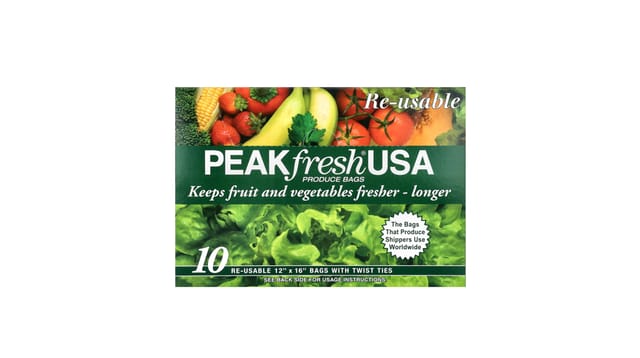iHerb - שקיות טריות PEAKfresh USA, קופסה ירוקה עם תמונות פירות וירקות צבעוניים, 10 שקיות לשימוש חוזר