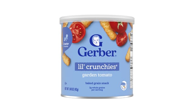 גרבר - קופסת Lil' Crunchies בטעם עגבניות, אריזה עגולה כחולה עם תמונות עגבניות וחטיפים אפויים