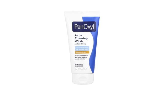 iHerb - סבון מקציף לאקנה פנים וגוף של PanOxyl, שפופרת לבנה עם עיצוב כחול, 156 גרם