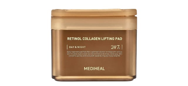 MEDIHEAL - מכל ריבועי בגוון ברונזה-זהב עם מכסה שקוף, רפידות ליפטינג רטינול וקולגן לפנים