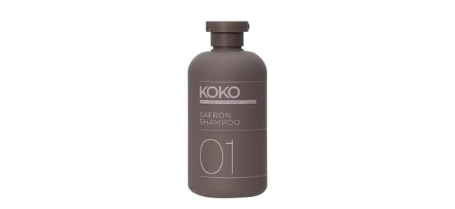 Hair & co - בקבוק שמפו זעפרן Koko 500 מל' בצבע חום-אפור מט עם פקק עגול, על רקע לבן