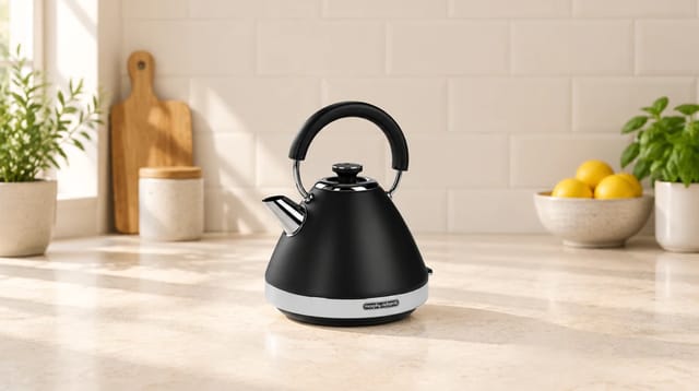 CRM - קומקום חשמלי VENTURE של Morphy Richards בשחור מט עם ידית קשת, על משטח מטבח בהיר ולימונים ברקע