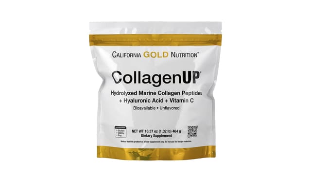 iHerb - שקית אבקת CollagenUP של California Gold Nutrition בצבעי לבן וזהב על רקע לבן