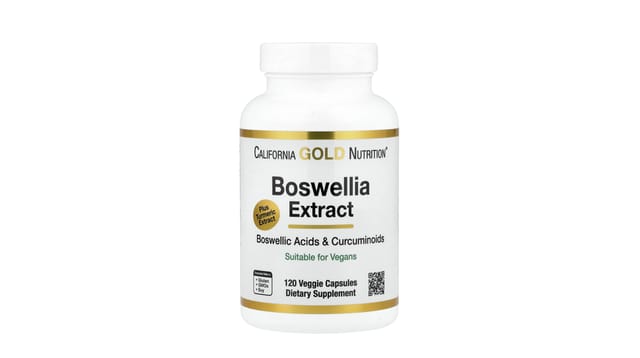 iHerb - בקבוק לבן של California Gold Nutrition תמצית בוסוליה וכורכומין, 120 כמוסות טבעוניות, עיצוב זהב-לבן