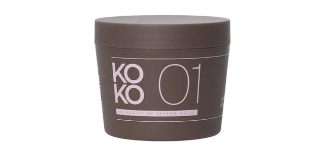 Hair & co - צנצנת מסכת שיקום זעפרן KOKO 01 בגוון חום-אפור מט עם כיתוב ורוד עדין, רקע לבן