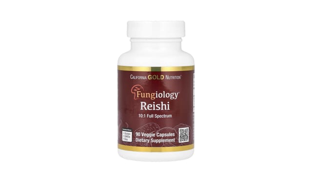 iHerb - בקבוק לבן עם תווית בורדו וזהב של ריישי ספקטרום מלא מבית California Gold Nutrition, 90 כמוסות