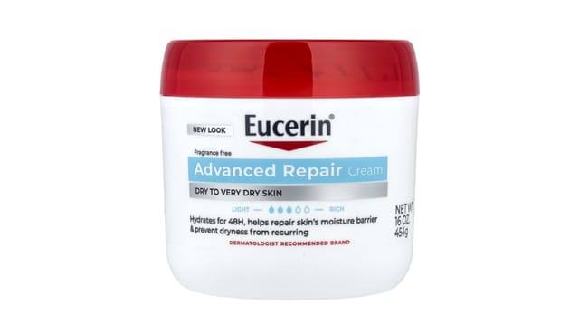 iHerb - קרם Advanced Repair של Eucerin בצנצנת לבנה עם מכסה אדום, לעור יבש, 454 גרם